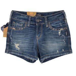 NWT Silver SUKI Mid Rise Medium Wash Distressed Denim Shorts Size 27